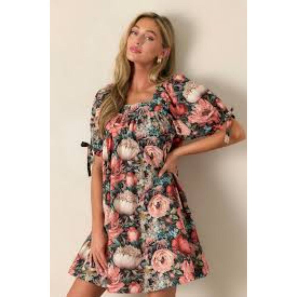 Entro Shades of Peach and Orange Floral Multicolor Mini Dress Sz S